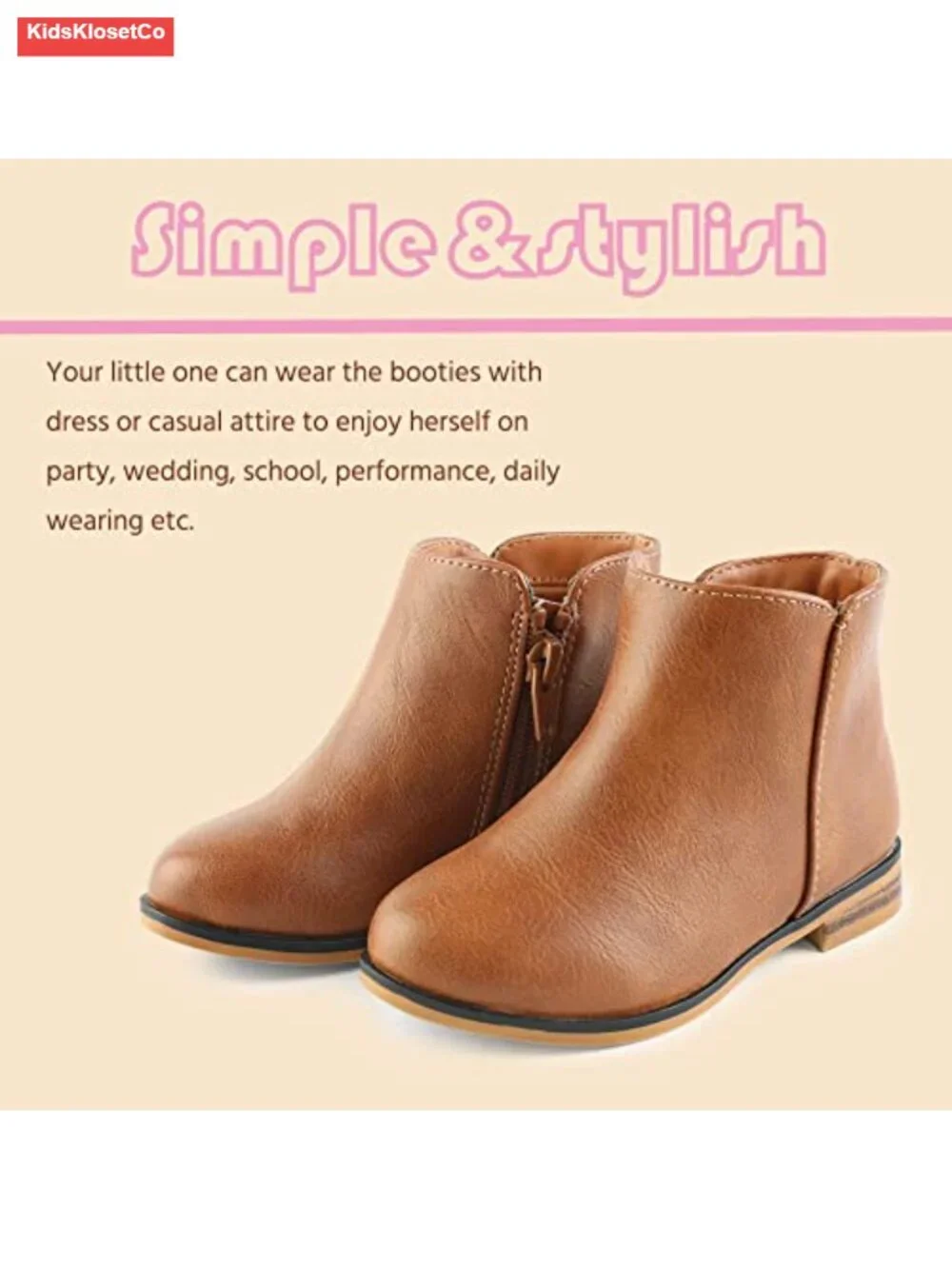 Girls Ankle Boots with Zipper Low Heel Booties Faux Leather Toddler Little Kid